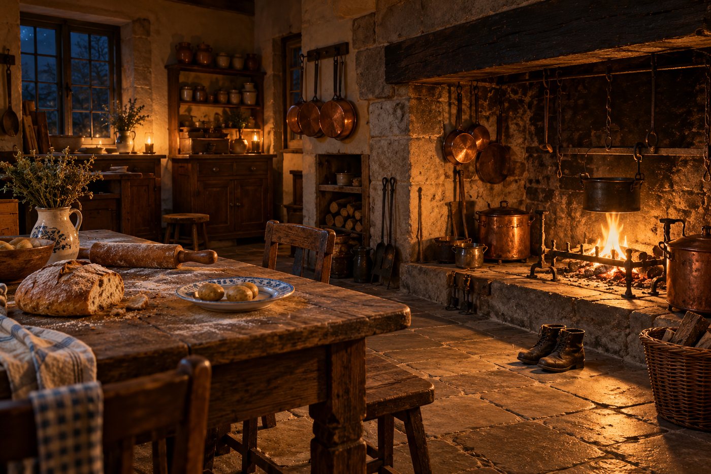 A country-house kitchen hearth at night: copper pans, bread on an oak table, a plate of potatoes, and a pair of boots drying by the fire