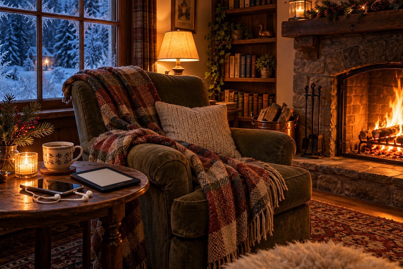 A deep armchair by a glowing fireplace at night, with a cup of tea, a phone with earbuds and an e-reader on the side table