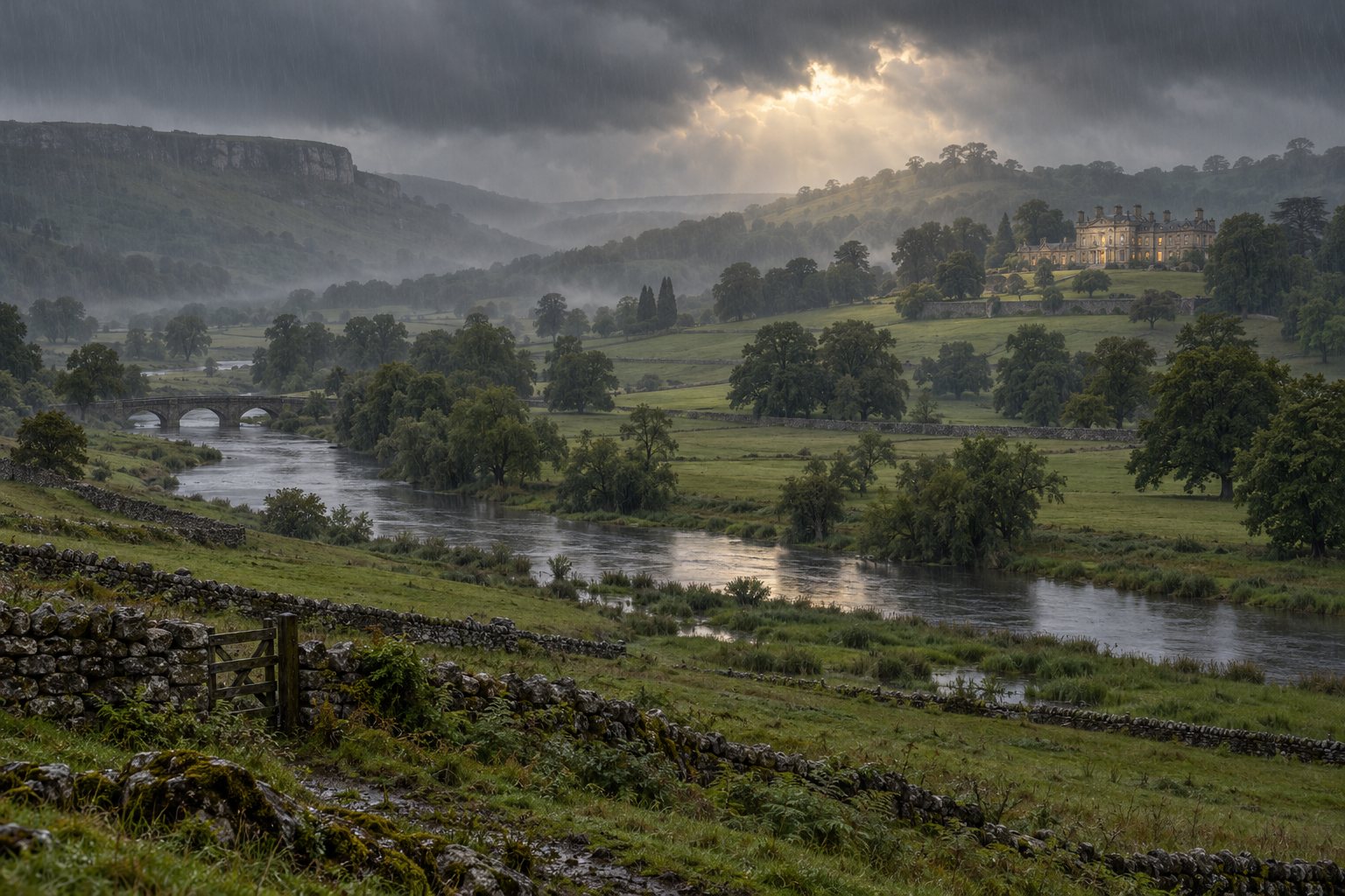 A rain-grey Derbyshire valley with a great stone house on the far hill, warm light in its windows